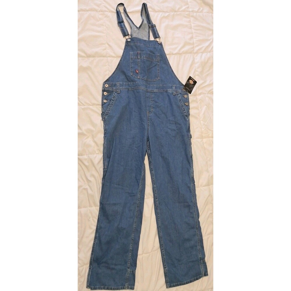 Dickies Womens Bib Overall Size Large Relaxed Fit Denim Light Wash Straight Leg